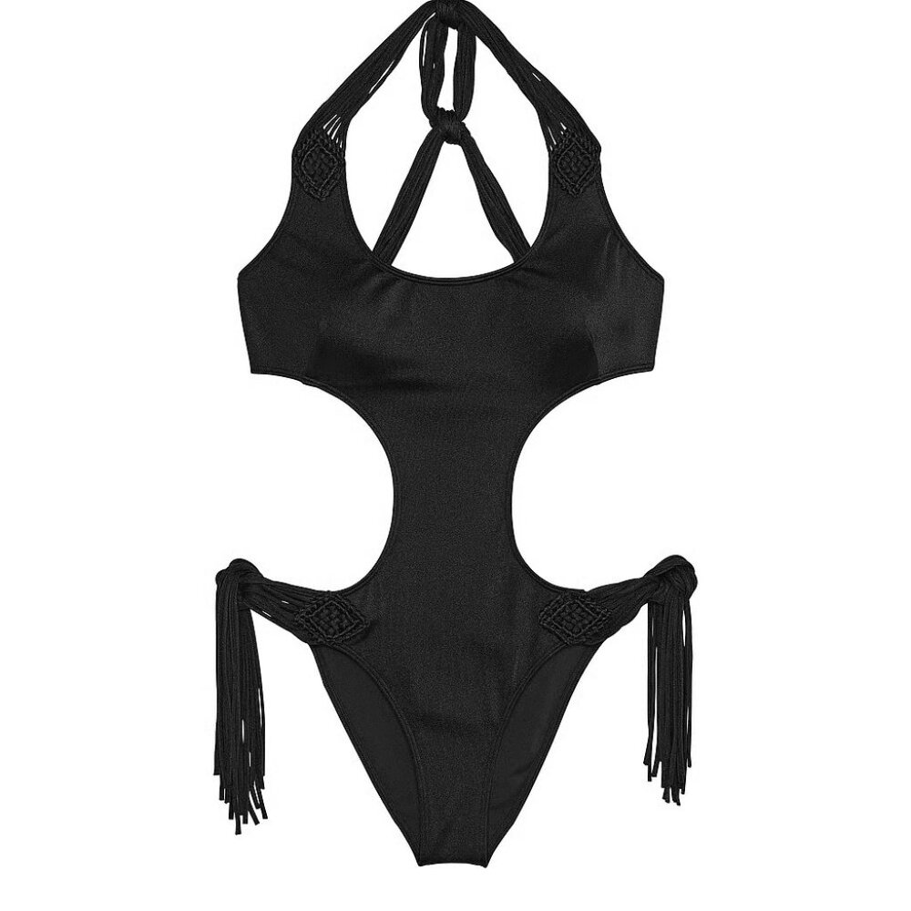 S VICTORIA'S SECRET Side-Tie Fringe Black Swimsuit One Piece Monokini Cutouts NW - Picture 2 of 2